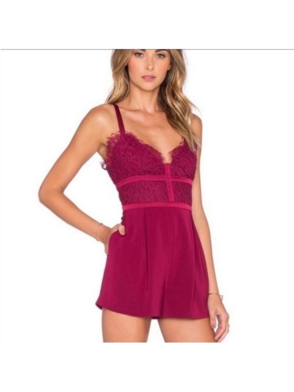 KEEPSAKE the Label Wine Lace-Trim Romper Chemise